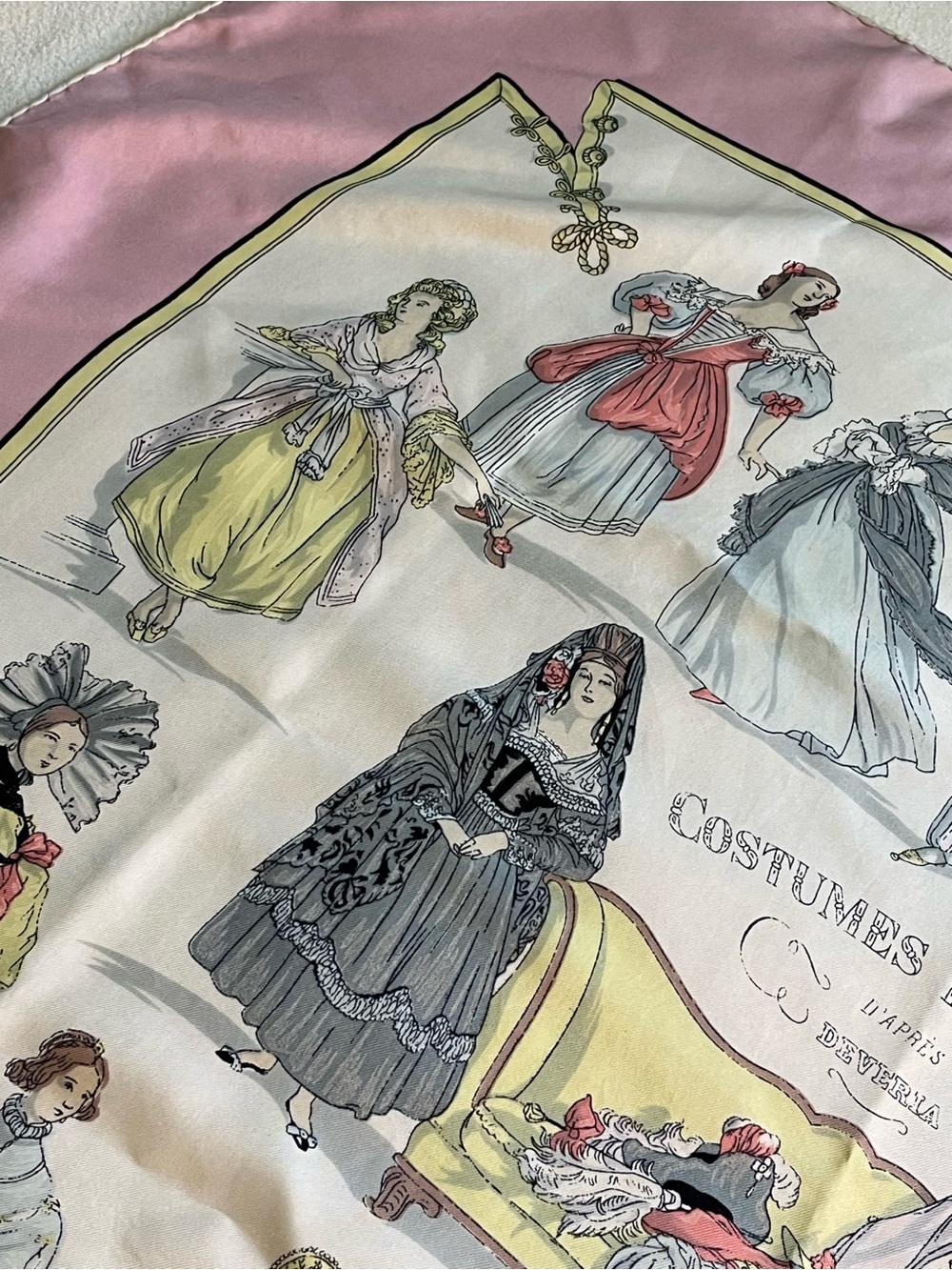 Hermès 'Costumes de Dames' Silk Scarf in Pink, Yellow, Gray - Picture 7 of 13